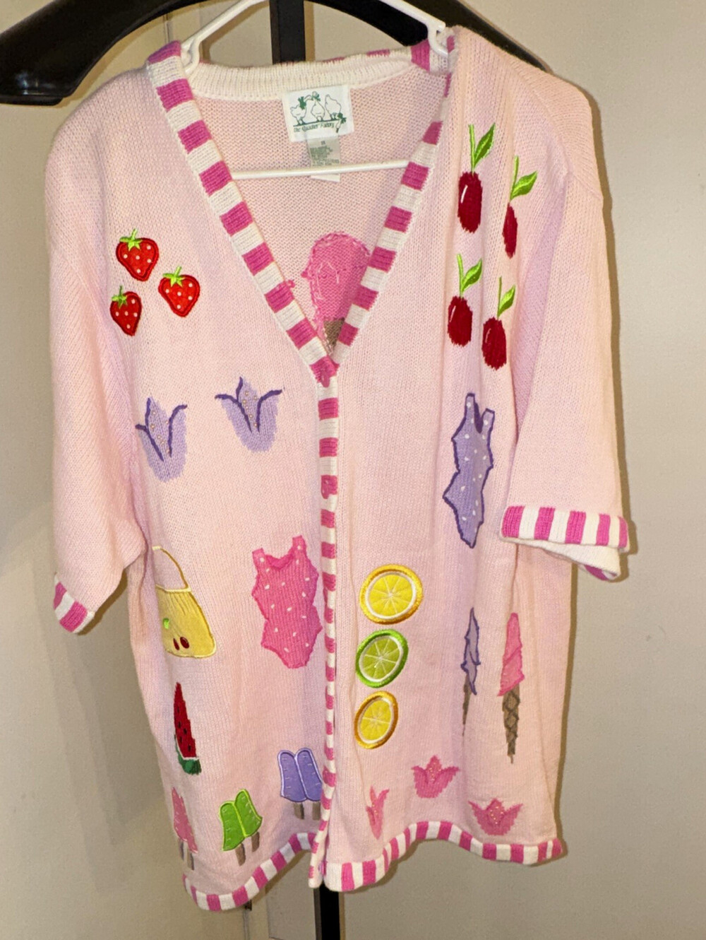 Quacker Factory Pink V-Neck Button Novelty Knit Cardigan Sweater 1X Grannycore